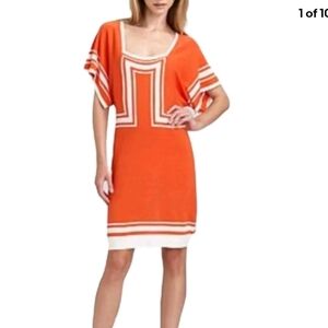 Trina Turk Geometric Design Orange w White Scoop Neck Dress